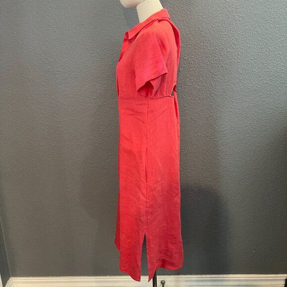 MAJE CUTOUT TWISTED BACK 100% LINEN MIDI BUTTON UP SHIRT DRESS in HIBISCUS  - 38 - Picture 7 of 15